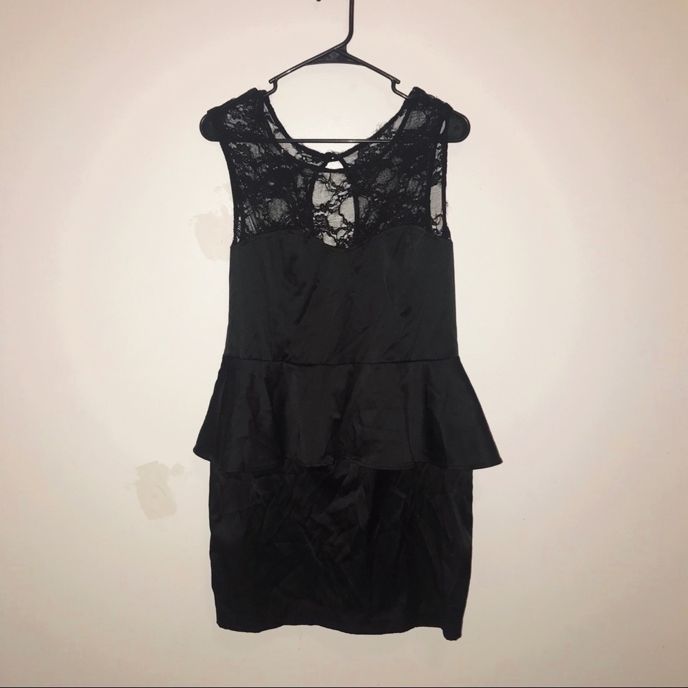 Black lace and satin peplum dress
